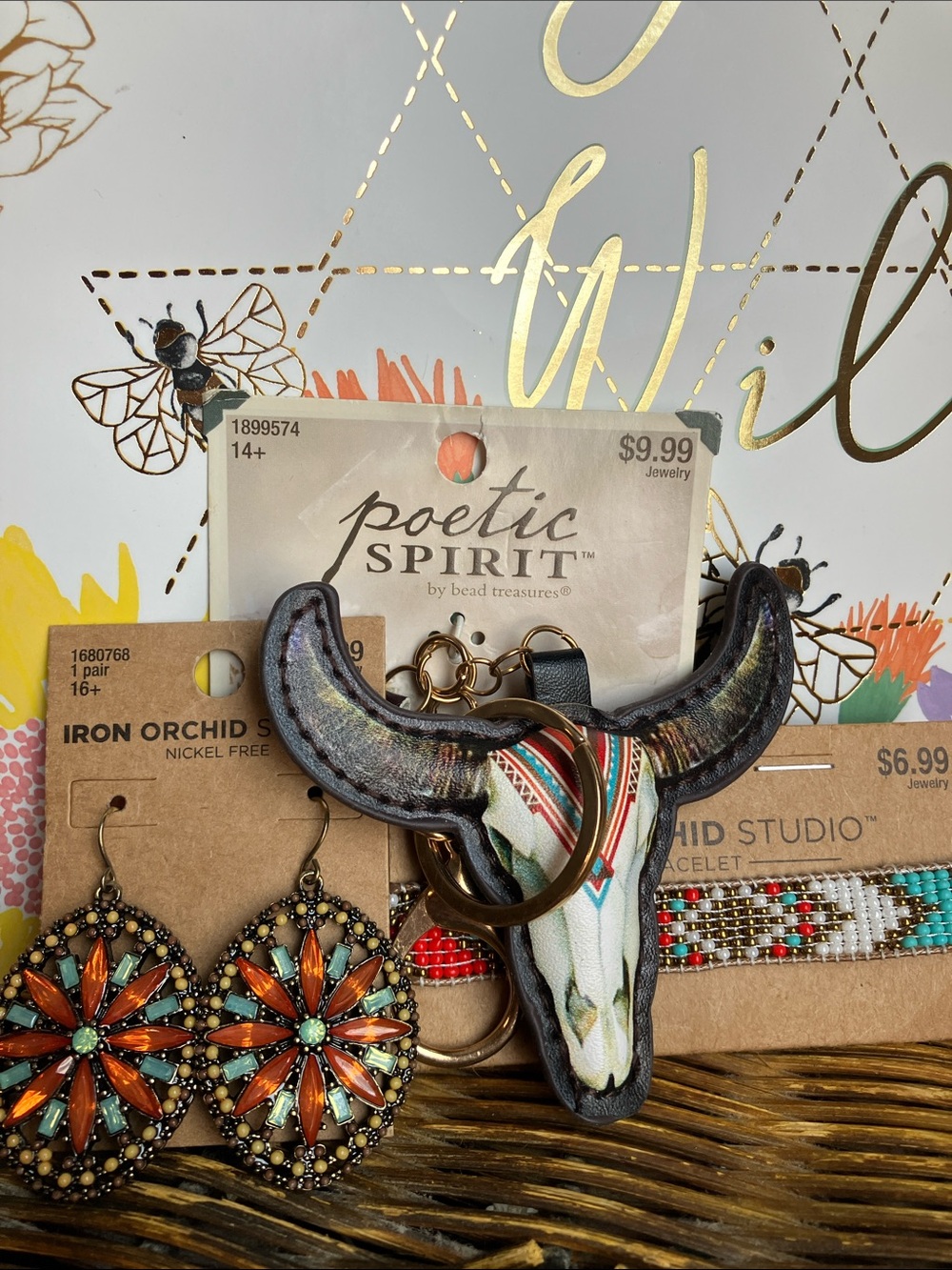 Bull Skull Keychain - Multicolor Gold Hardware w stunning earrings& bracelet:)